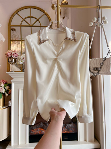 2026年春季新款宽松套头v领polo雪纺衫重工镶钻长袖气质衬衣女装