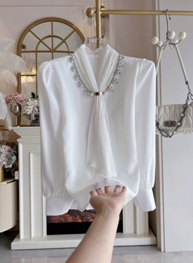 宫廷风长袖气质雪纺衫女2025年秋冬重工水钻宽松领带气质衬衣小衫