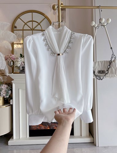 宫廷风长袖气质雪纺衫女2025年秋冬重工水钻宽松领带气质衬衣小衫