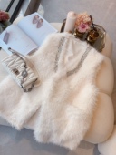 羊羔绒马甲背心女装 2023年秋冬宽松v领轻奢钉珠pu皮加厚马夹外套