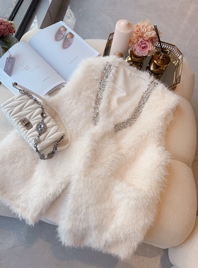 羊羔绒马甲背心女装2023年秋冬宽松v领轻奢钉珠pu皮加厚马夹外套