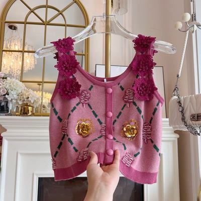 辣妹甜美针织衫吊带背心女装2024年秋季新款宽松亮片立体毛衣马夹