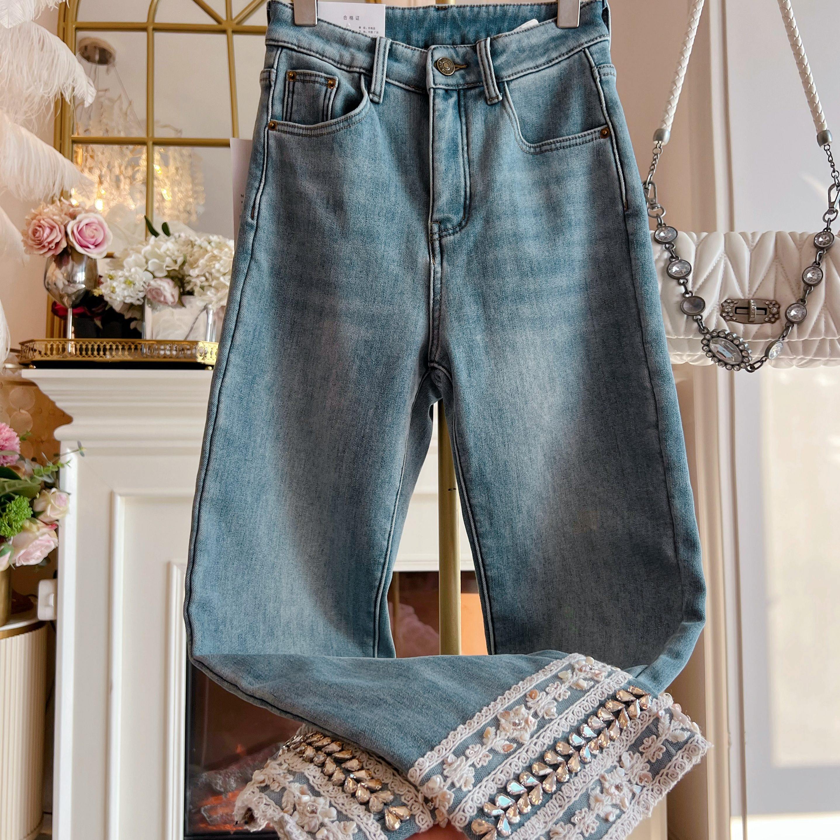 加绒加厚烟管直筒裤女装2025年冬季高腰显瘦刺绣镶钻小个子牛仔裤