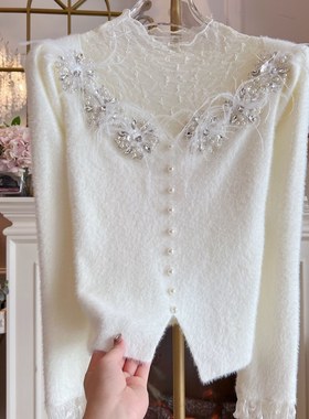 加厚水貂绒毛衣女2024年冬季新款高领拼接蕾丝重工镶钻羽毛针织衫
