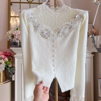 加厚水貂绒毛衣女2024年冬季新款高领拼接蕾丝重工镶钻羽毛针织衫