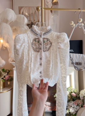 韩国设计感复古衬衫女2026年春季小众重工钉珠时尚蕾丝衫衬衣上衣