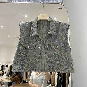 欧洲站2023秋季新款洋气Polo领韩版小香风牛仔无袖坎肩马甲外套女