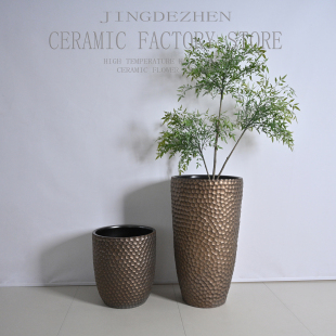 手工锤纹花瓶景德镇做旧仿金属花器复古风客厅样板间落地装 饰陶罐