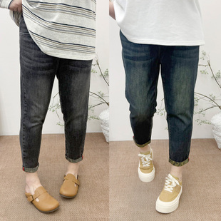 女裤 大码 胖mm修身 显瘦弹力牛仔裤 2026春季 卷边小脚花边铅笔裤 新品