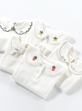 女童打底衫纯棉秋冬白色翻领加绒加厚宝宝娃娃衫儿童打底t恤秋装