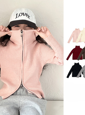 女童开春秋冬季双头拉链高领针织开衫儿童洋气韩版百搭毛衣外套