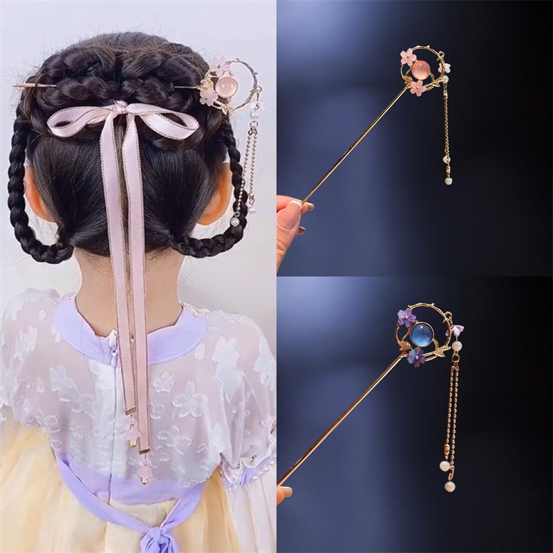 儿童古风星空发簪小女孩盘发流苏发钗步摇头饰粉色铃铛汉服发饰促