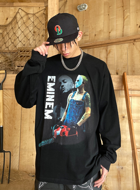ZOODATE EMINEM阿姆嘻哈美式复古潮流印花重磅小领口宽松长袖tee
