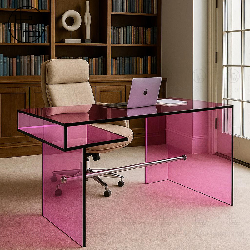 亚克力玫粉色透明书桌轻奢写字台