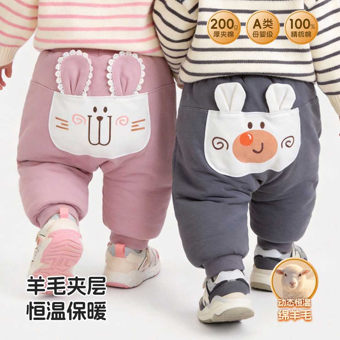 婴儿裤子秋冬新款加绒绵大PP裤男女宝宝棉裤中小童卡通长裤可爱