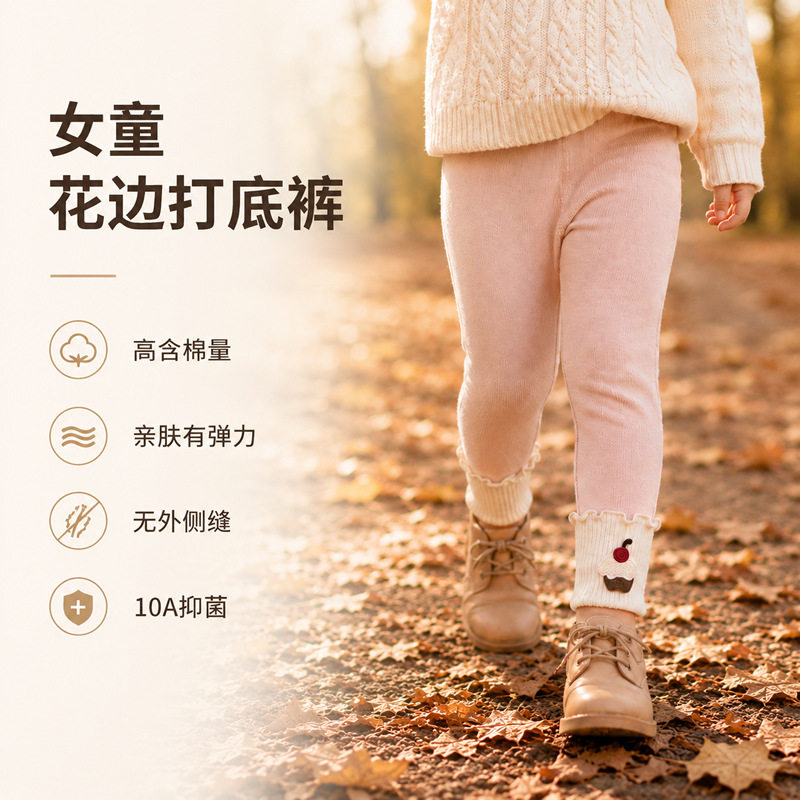 春秋新款女童打底裤可爱蛋糕贴花木耳边长裤宝宝外穿裤子无外侧缝