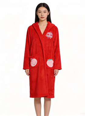 SP系列-气质简约红色毛绒可爱桃子图案浴袍舒适百搭P866/P1177