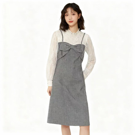 【恋】淑女连衣裙蕾丝拼接格子撞色气质优雅修身显瘦高级感YL964