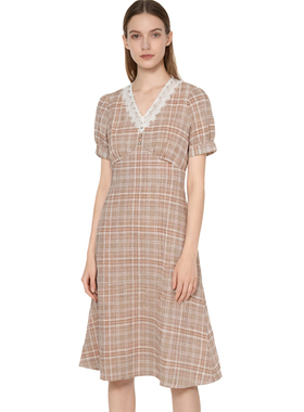 RM系列-时尚气质简约透气格纹V领短袖连衣裙显瘦YL963