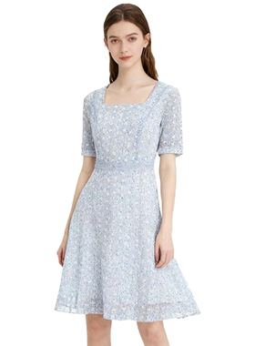 RM系列-时尚气质简约舒适透气蓝色碎花连衣裙显瘦优雅YL1027