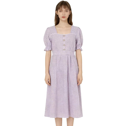 【恋】淑女短袖连衣裙小方领格子中长款气质优雅修身显瘦YL983