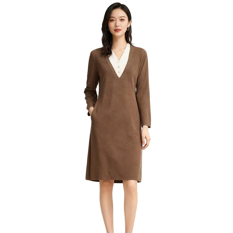 【D玛纳】优雅撞色连衣裙V领气质优雅简约舒适修身高质感DMA487