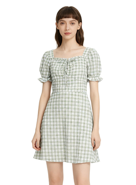 RM系列-时尚气质简约透气清凉格纹泡泡短袖连衣裙YL944/YL1000