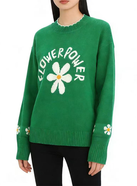 SP系列-气质简约舒适绿色花朵图案针织毛衣P686/P1065
