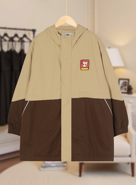 【马】时尚洋气宽松舒适休闲百搭连帽拼色潮流风衣W410