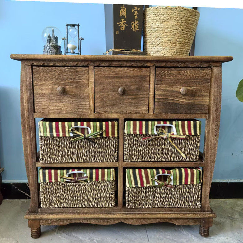 美式实木藤编斗柜床头柜