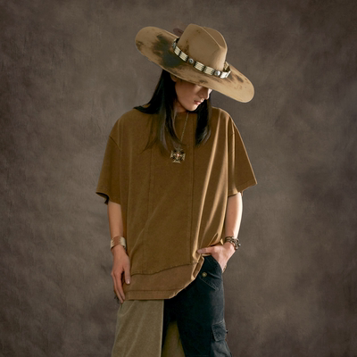 42spaceship原创设计复古拼接水洗重磅做旧毛边嬉皮士T恤