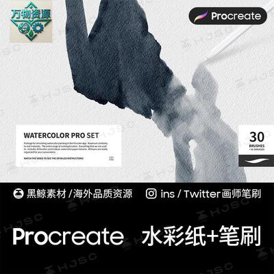 procreate水彩笔刷 画笔30只超级真实的水彩笔+6张水彩纸纹理画布