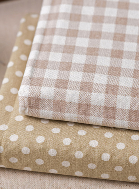 包邮新款日韩亚麻格子布料桌布窗帘抱枕沙发面料手工棉麻印花麻布