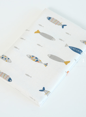 棉麻布料日韩风格五彩鱼抱枕桌布窗帘手工diy沙发面料野餐亚麻布