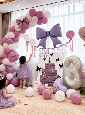 暮光紫色宝宝女孩公主生日网纱挂布数字气球客厅场景仪式感3周岁9