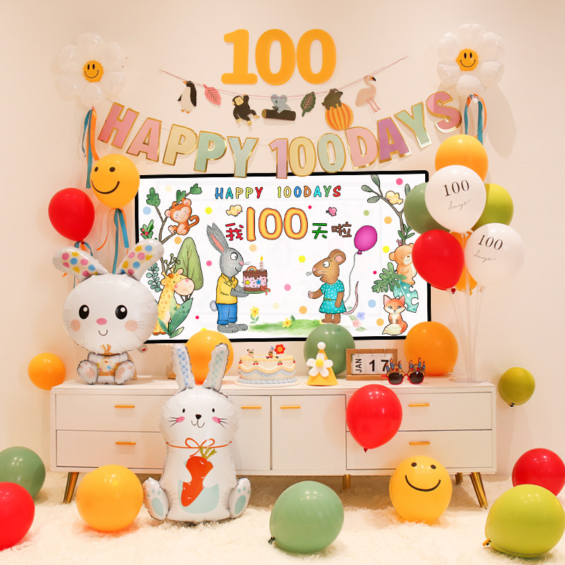 波西和皮普主题宝宝百天布置装饰投屏气球100天满月30天生日场景