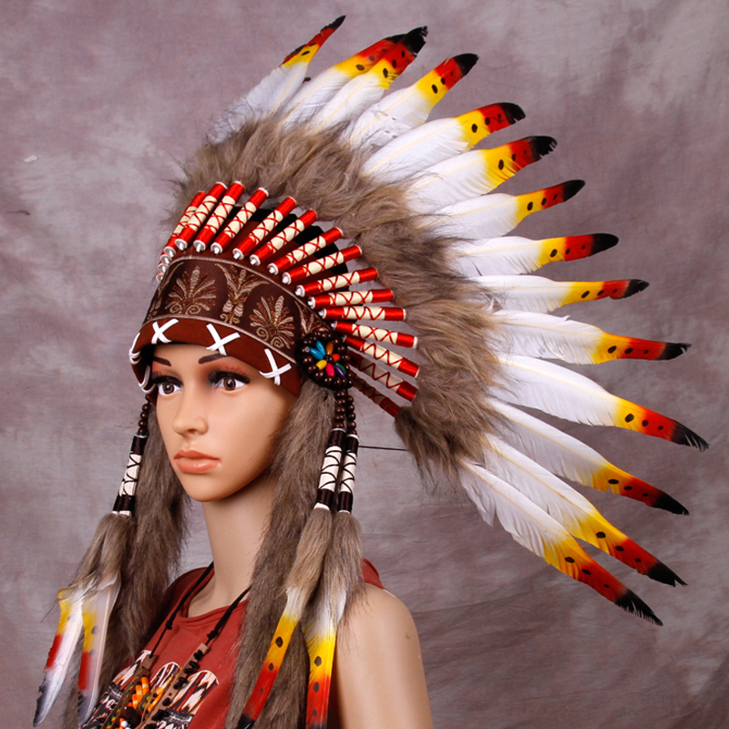 包邮彩色羽毛头饰印第安酋长帽子