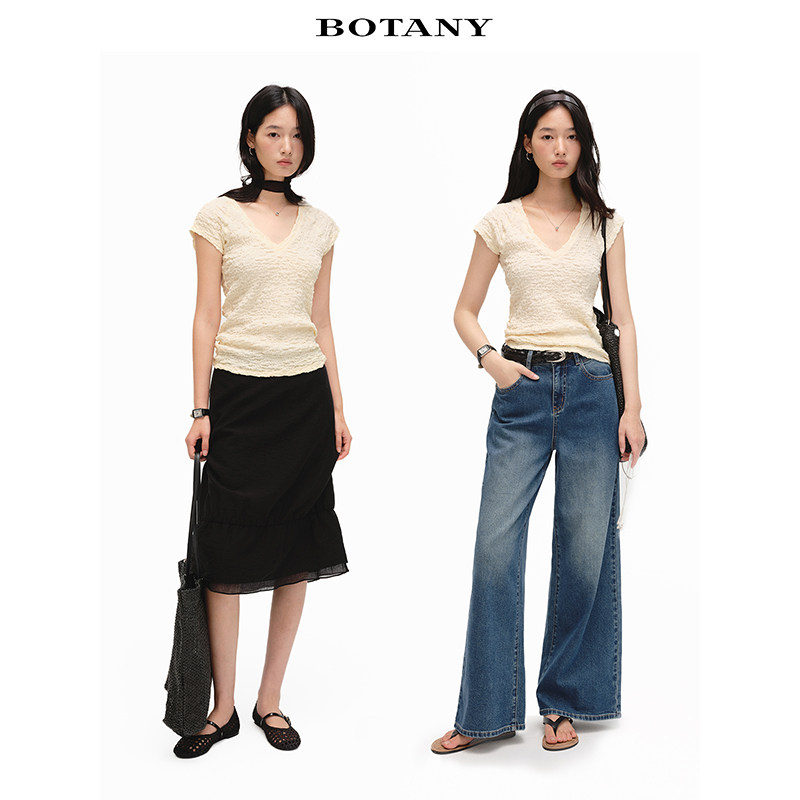 BOTANY30 夏日复古奶杏褶皱肌理感V领针织短袖
