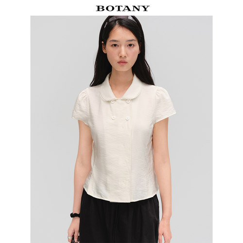 「6.30上新」BOTANY复古莫代尔桑蚕丝褶皱肌理感花边娃娃领小衫