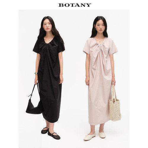 BOTANY30纸感高支长绒棉领口扭结V领短袖连衣裙