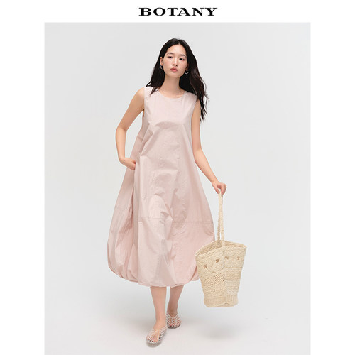 BOTANY30酵洗纸感高支棉松弛感花苞粉色连衣裙