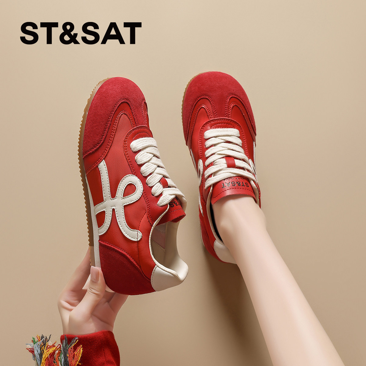 星期六红色德训鞋女款厚底阿甘鞋好看增高运动鞋女鞋子休闲鞋新款