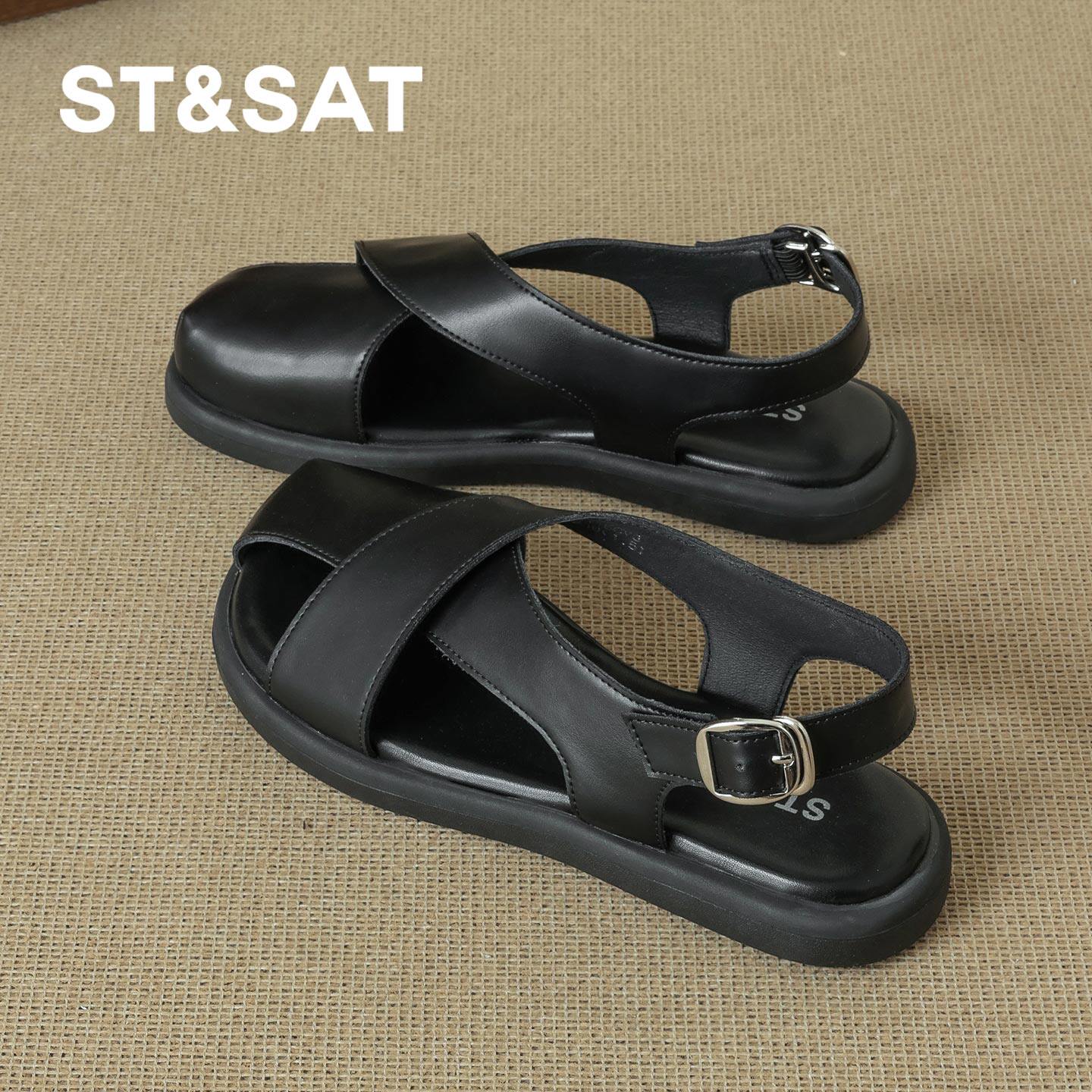 星期六交叉带凉鞋女款2026新款夏季平底舒适沙滩鞋黑色运动休闲鞋