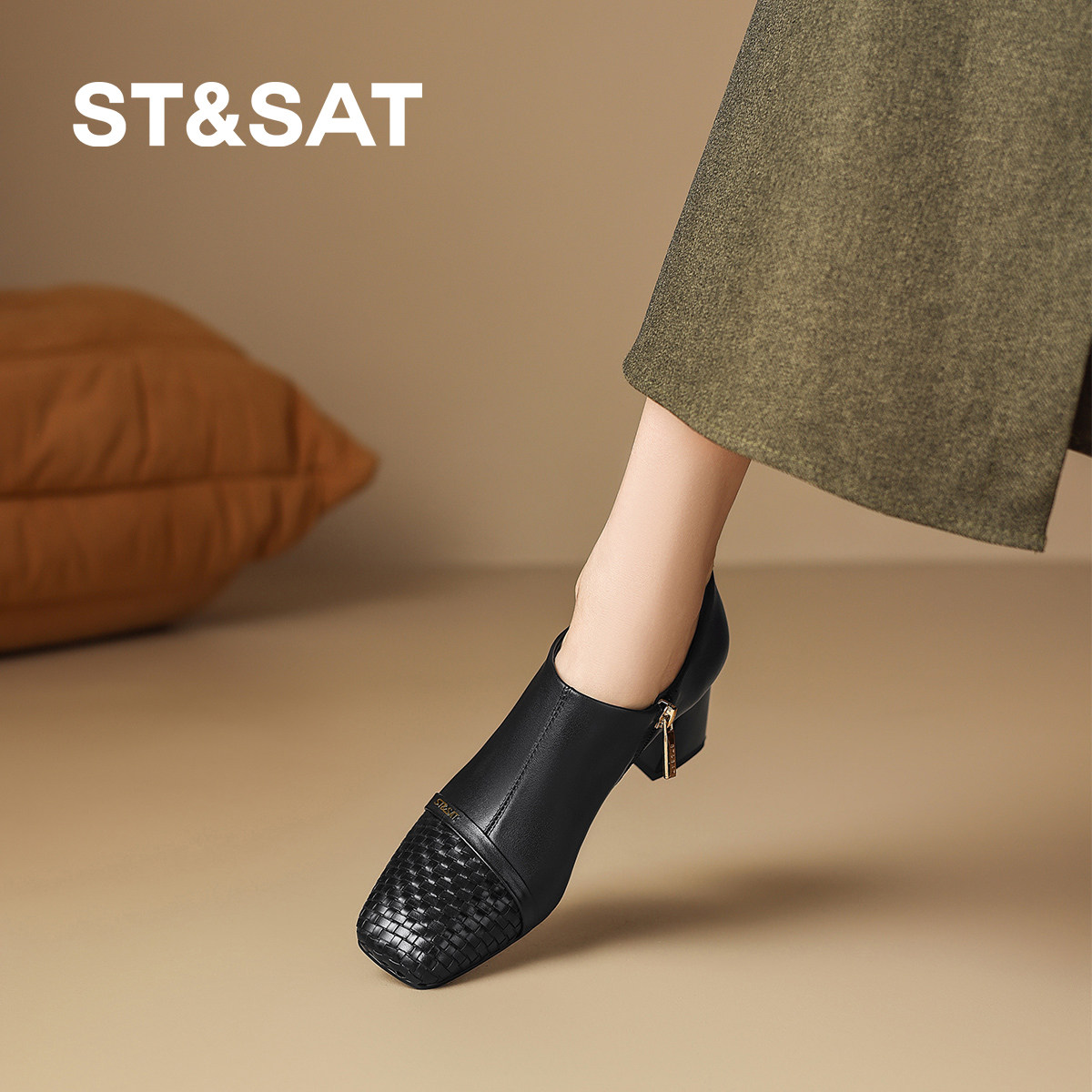 St&Sat/星期六复古风方头粗跟深口单鞋女编织拼接通勤鞋不累脚,女鞋,深口单鞋,淘宝优惠券,粉丝福利购,淘宝优惠卷