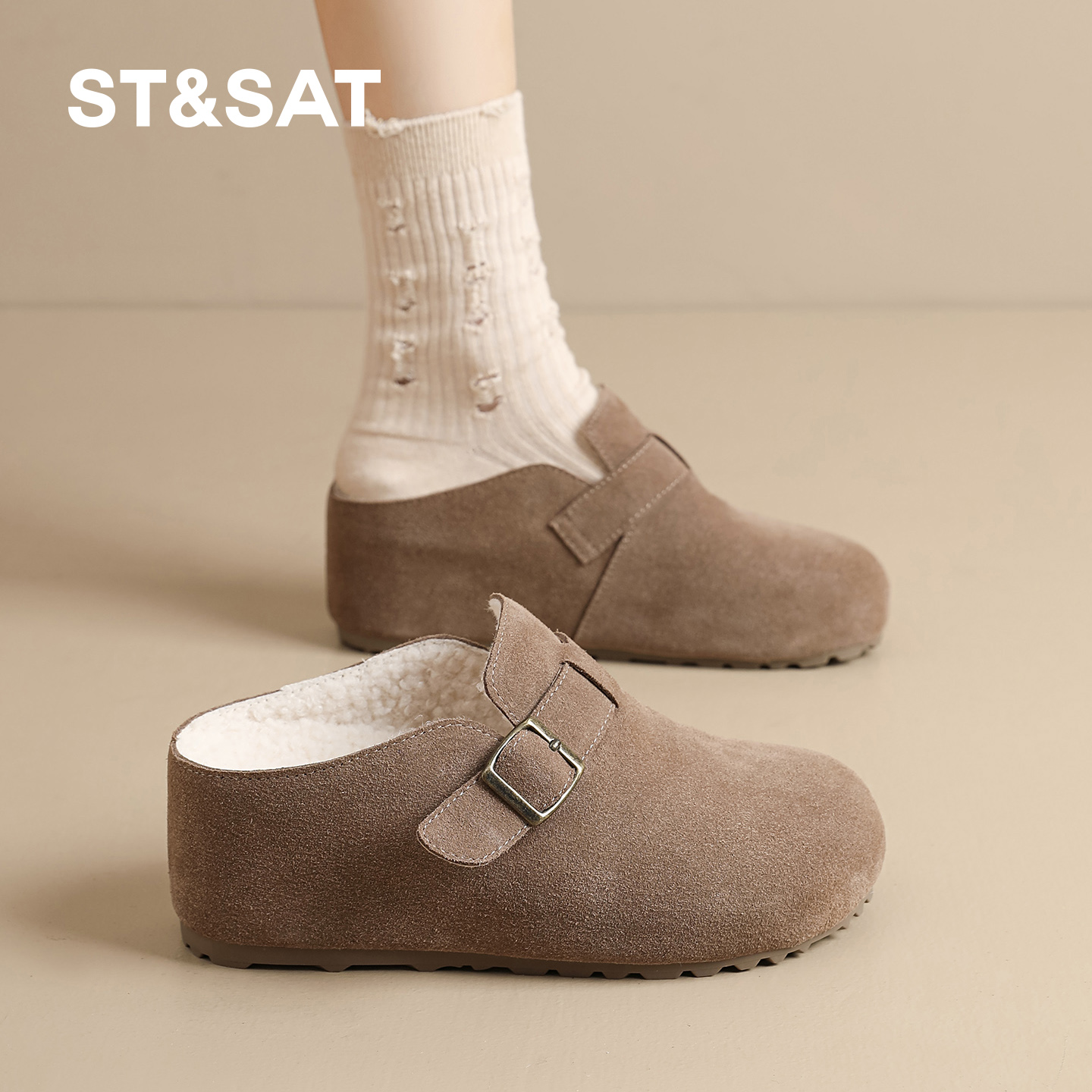 星期六反绒皮勃肯鞋女冬厚底内增高魔术贴包头时尚百搭舒适休闲鞋