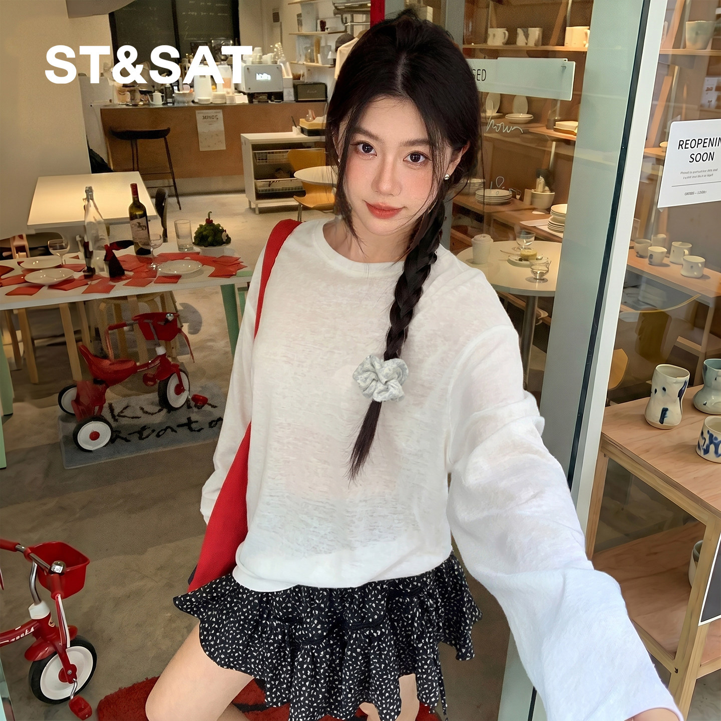 星期六雪花棉圆领轻薄长袖t恤女