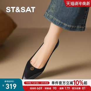 粗跟软底浅口通勤单鞋 新款 女夏季 星期六复古山茶花气质尖头小皮鞋