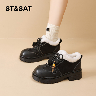 星期六厚底乐福鞋女2025冬季新款配裙子英伦风加绒大头小皮鞋棉鞋
