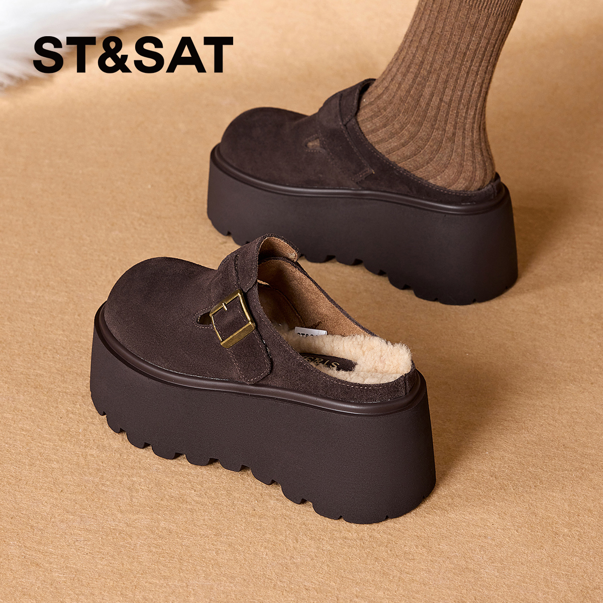 星期六女鞋厚底勃肯鞋女加绒保暖毛毛鞋2025新款冬季包头增高棉鞋