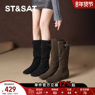 星期六黑色棕色长筒高筒长靴秋冬季加绒骑士瘦瘦女靴子巨好看洋气